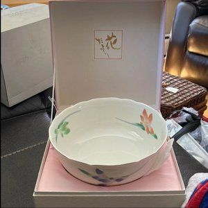 Gilt SALAD SERVING BOWL with Irises- NEW IN BOX & VERY RARE